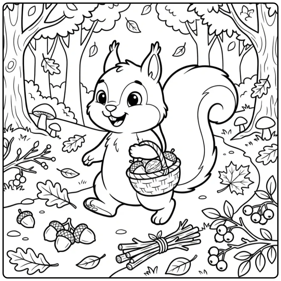 Een schattige kleurplaat herfst eekhoorn met een mandje nootjes.