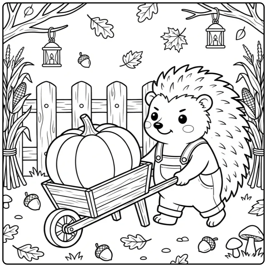 Schattige kleurplaat herfst egel met kruiwagen en pompoen