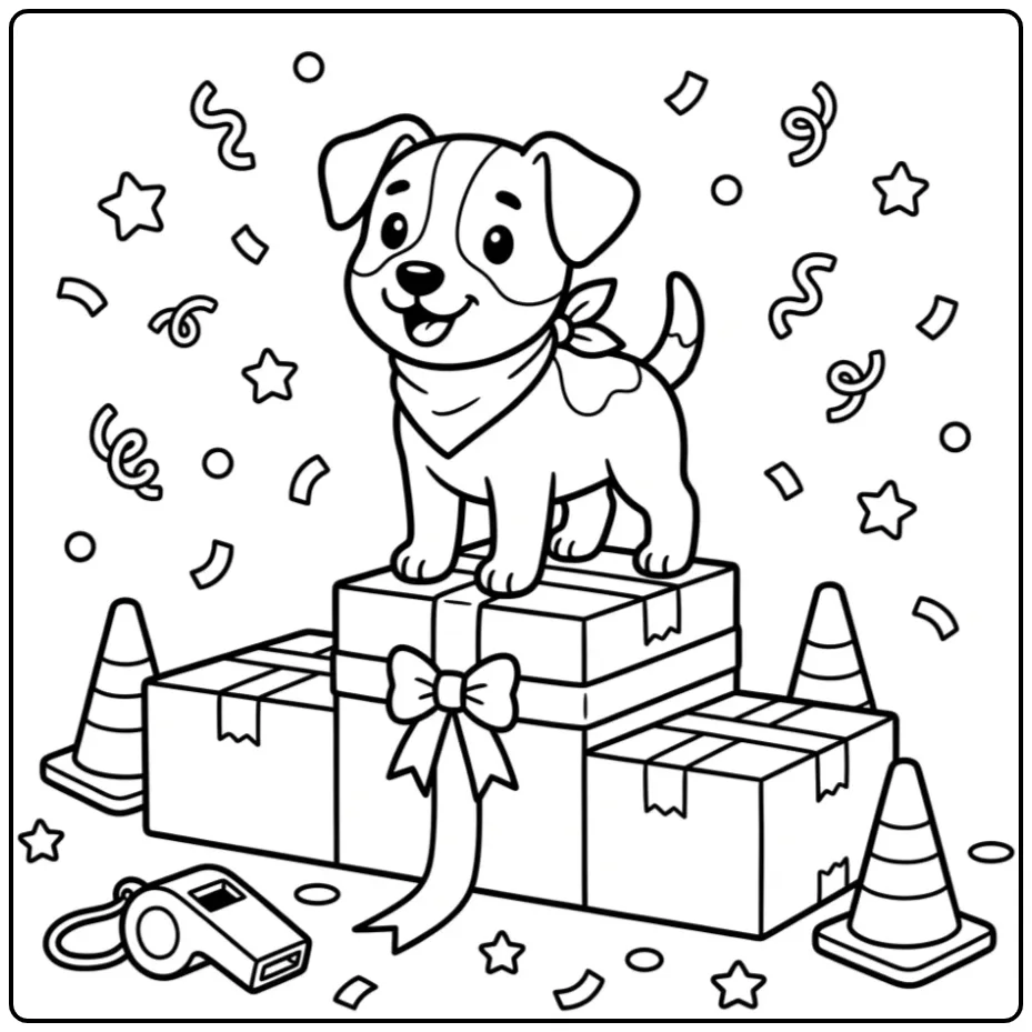 Vrolijke kleurplaat jack russel pup op een winnaarspodium.