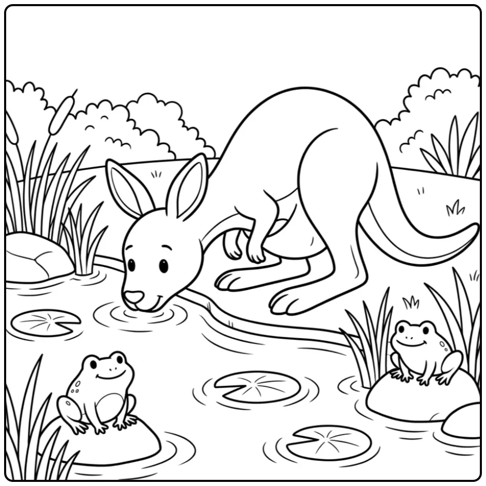 Schattige kleurplaat kangoeroe aan de waterkant met kikkers.