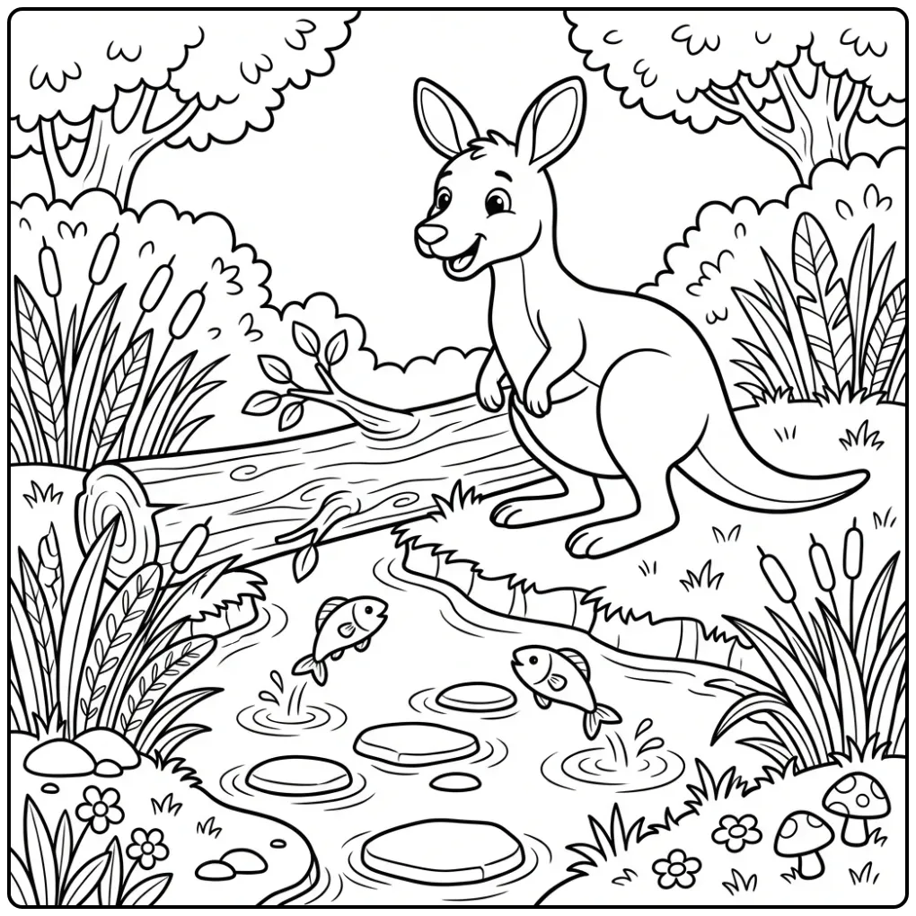 Schattige kleurplaat kangoeroe bij een boomstam en beekje.
