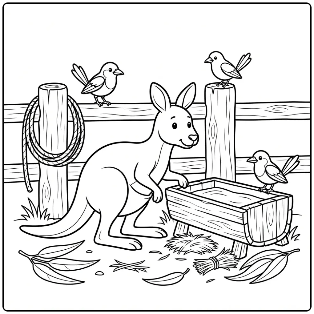 Kleurplaat kangoeroe drinkt bij houten hek met vogels.