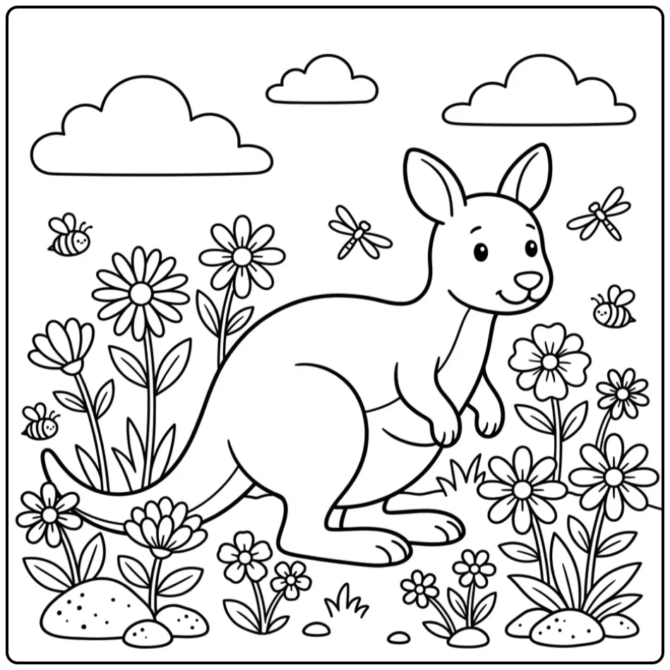 Een schattige kleurplaat kangoeroe tussen bloemen en rotsen.