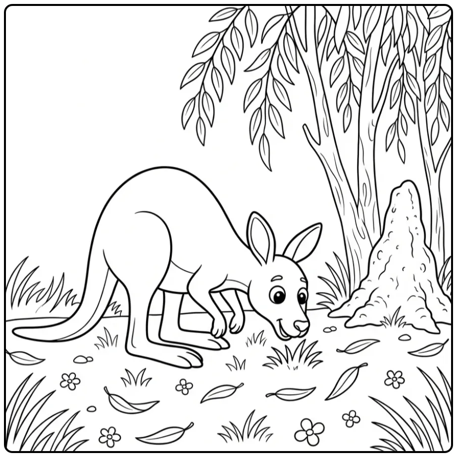 Een schattige kleurplaat kangoeroe grazend bij eucalyptusbomen.