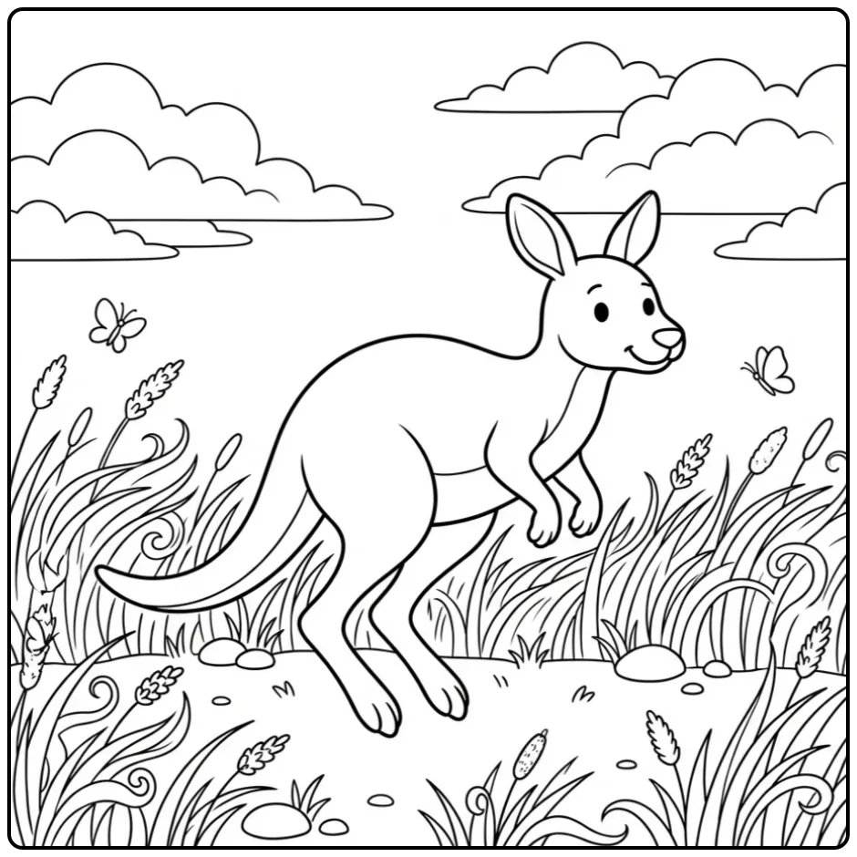 Mooie kleurplaat kangoeroe springend in het hoge gras.