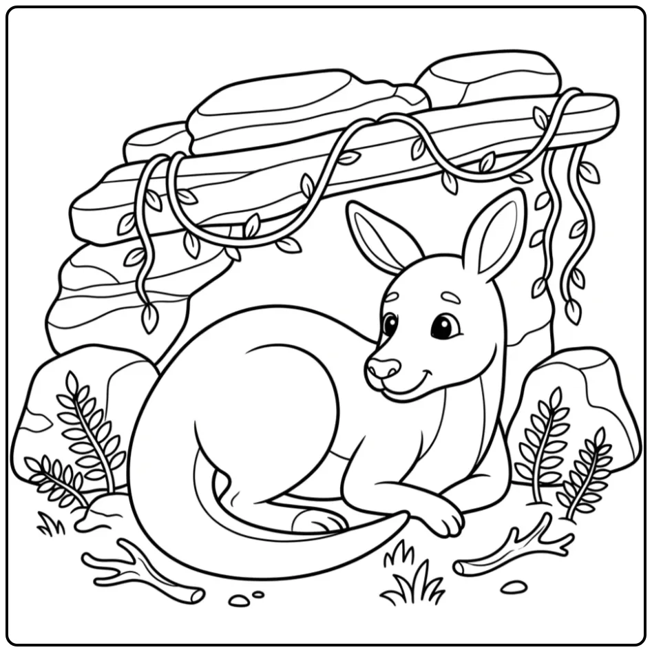 Schattige kleurplaat kangoeroe bij stenen en varens.