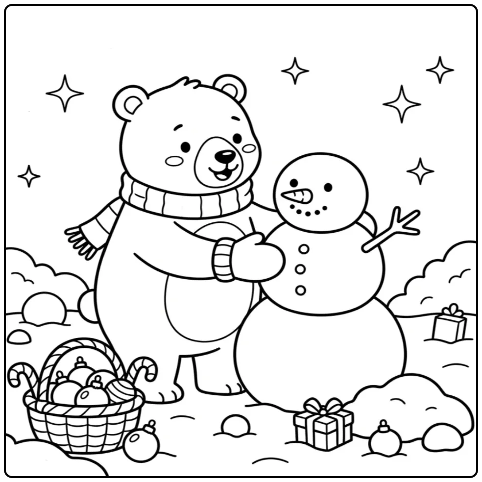 Mooie kleurplaat kerst beer met sjaal en wanten.
