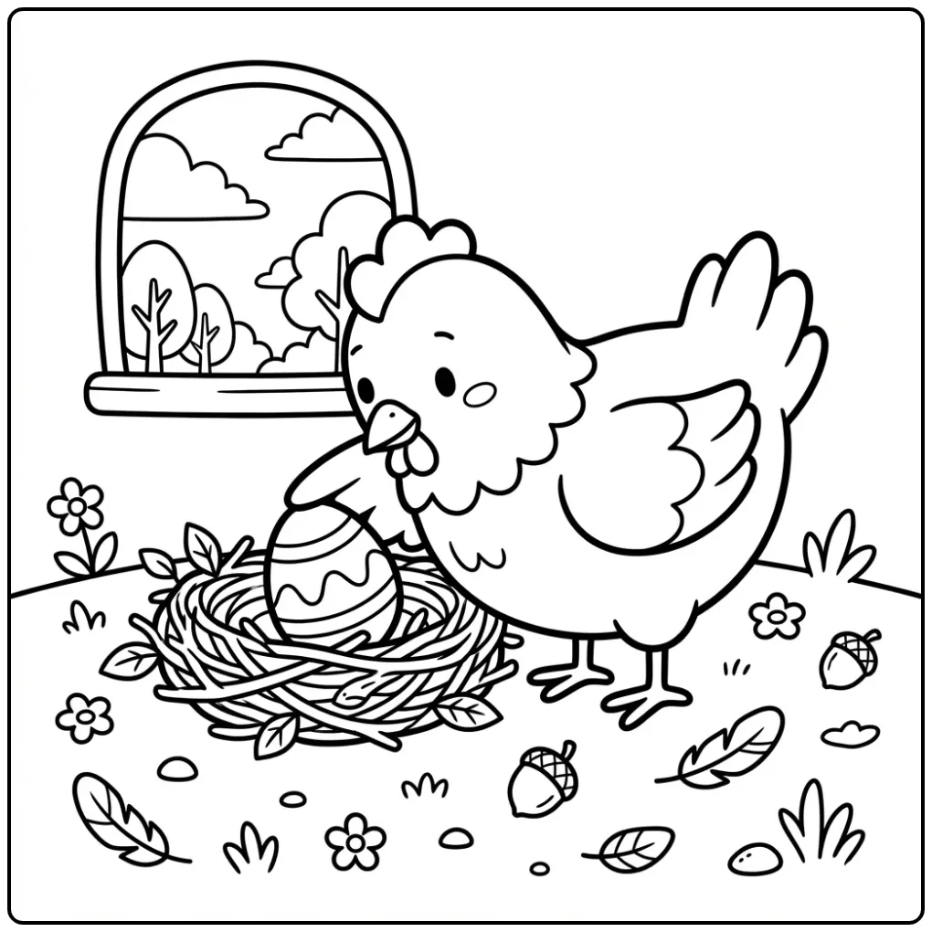 Een schattige kleurplaat kip en ei met moederhen en nest.