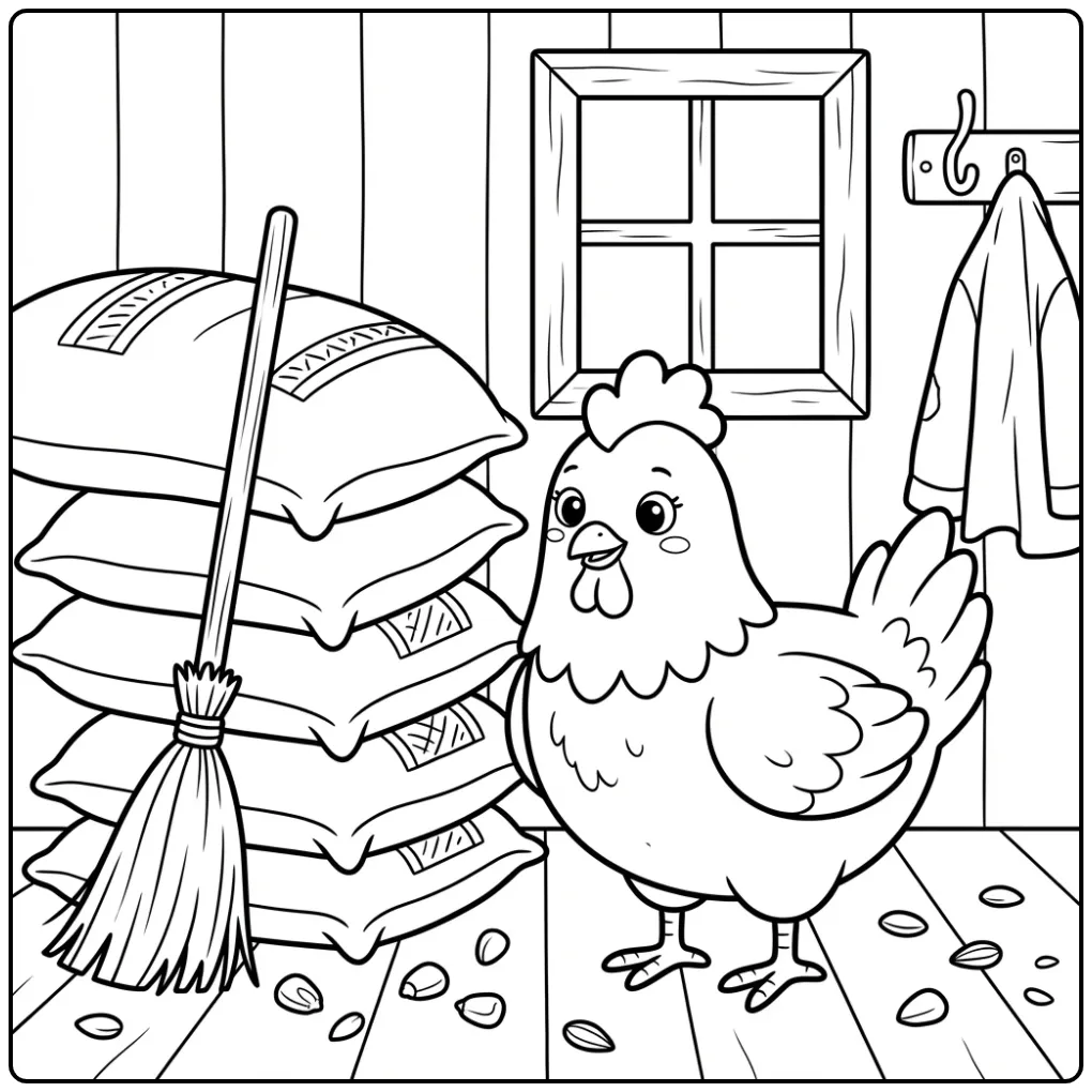 Cartoon kleurplaat kip met bezem en graanzakken.