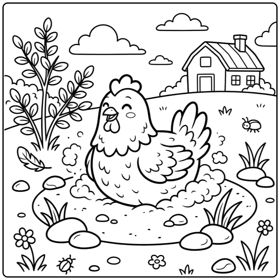 Een vrolijke kleurplaat kip die een zandbad neemt.