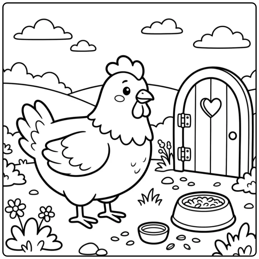Eenvoudige kleurplaat kip peuters met voerbak en graantjes.