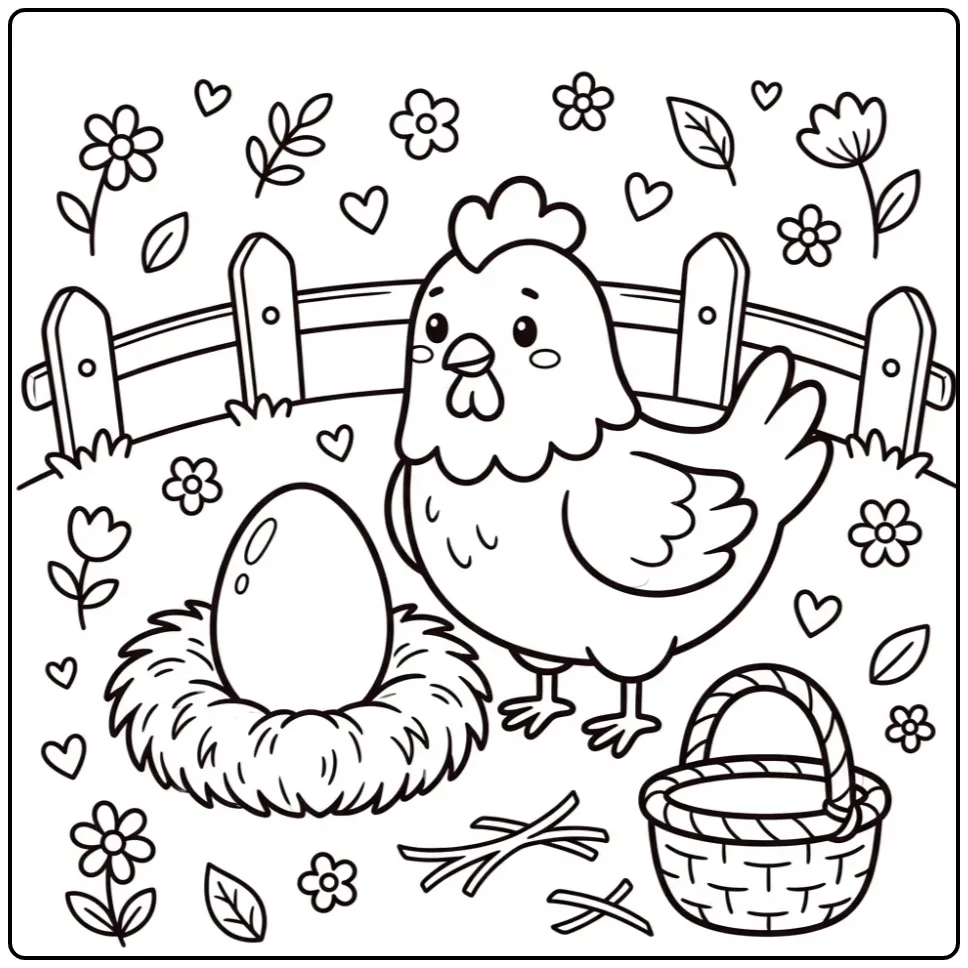 Eenvoudige kleurplaat kip peuters met een groot ei.