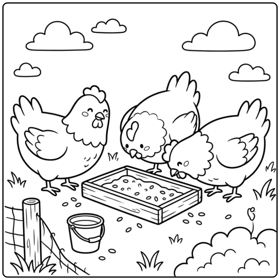 Vrolijke kleurplaat kippen pikkend uit een houten bak.