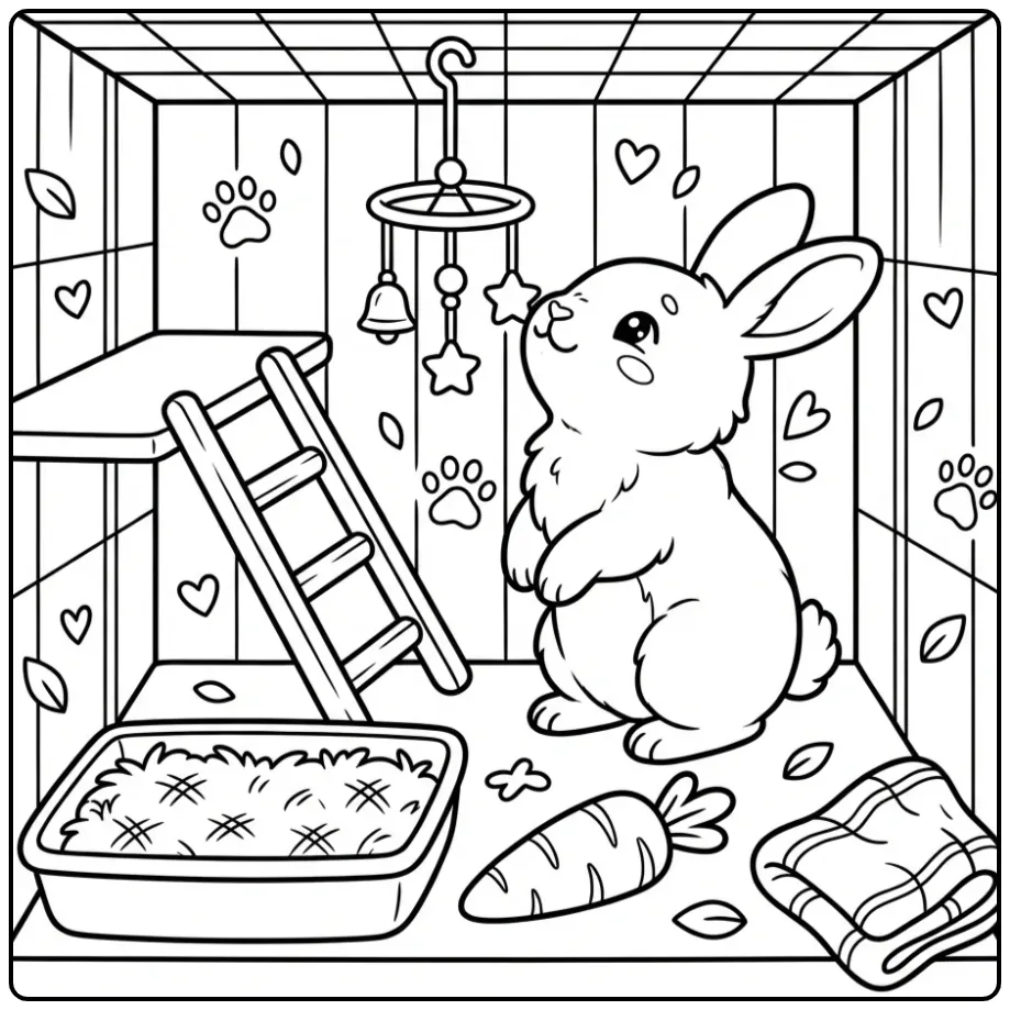 Schattige kleurplaat konijn in hok staand bij een speeltje.