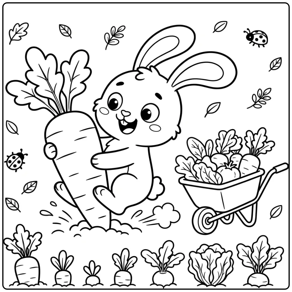 Vrolijke kleurplaat konijn met wortel en kruiwagen