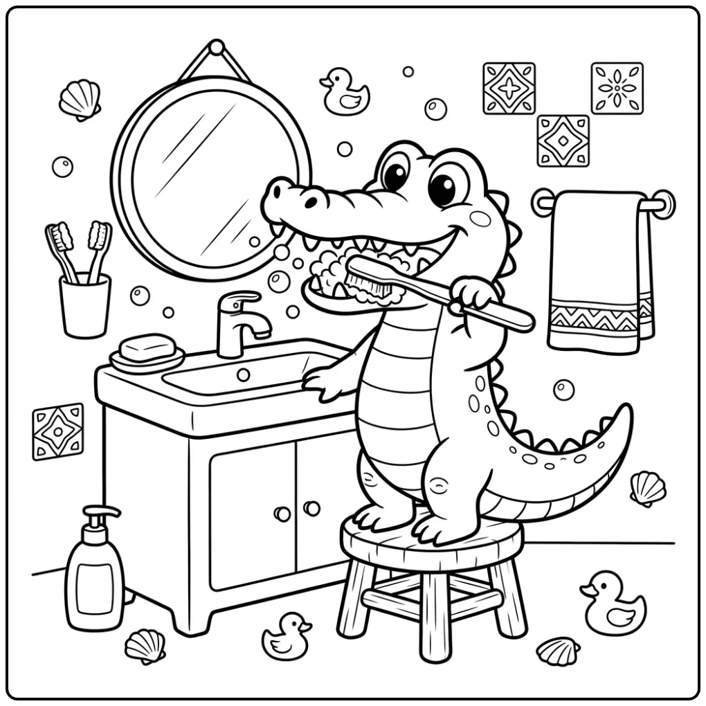 Grappige kleurplaat krokodil die tanden poetst in badkamer.