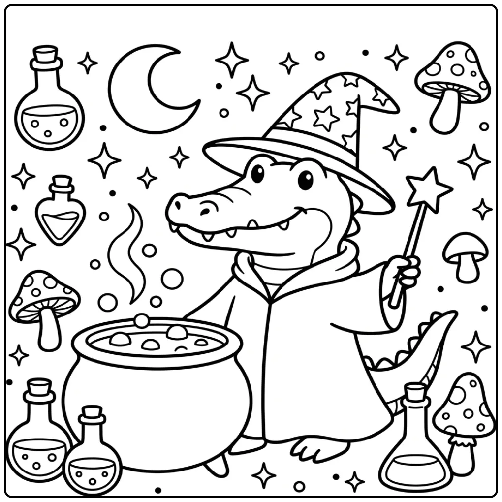 Magische kleurplaat krokodil tovenaar met toverstaf en ketel