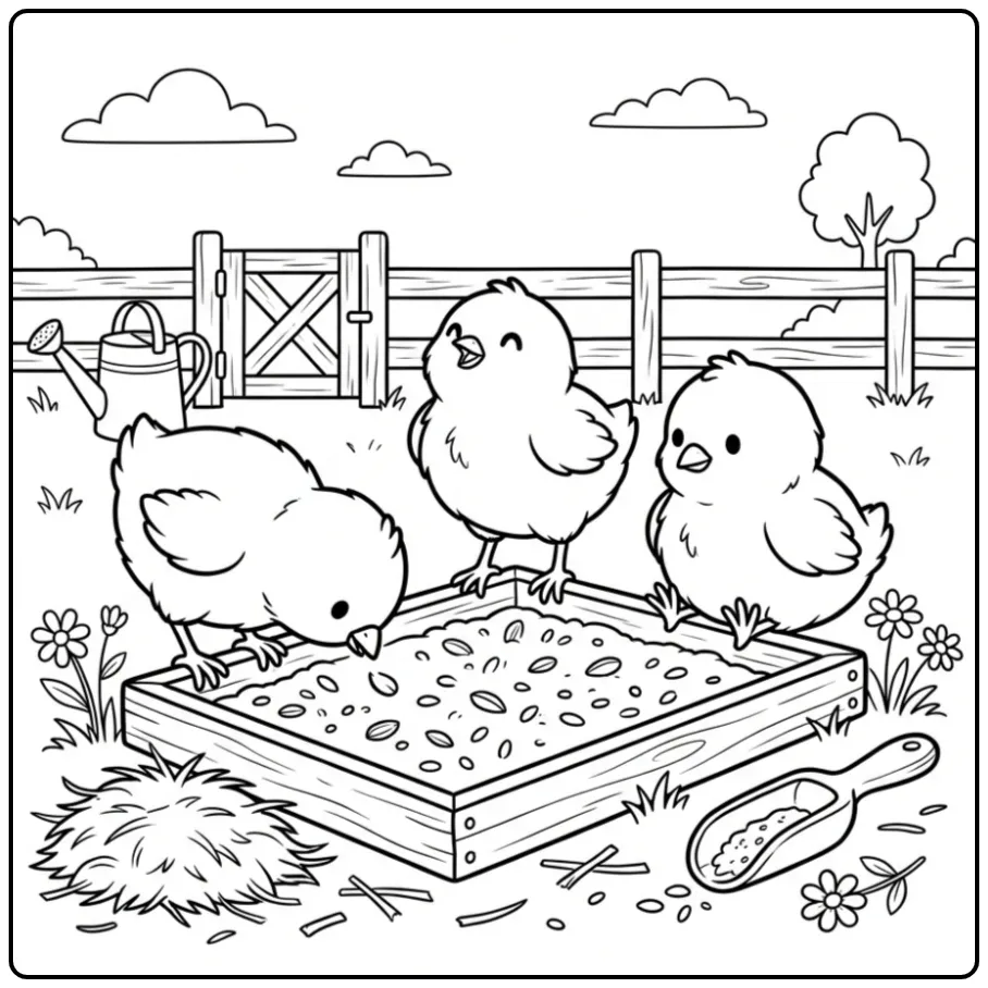 Kleurplaat kuikentjes etend uit een voerbakje met graan.