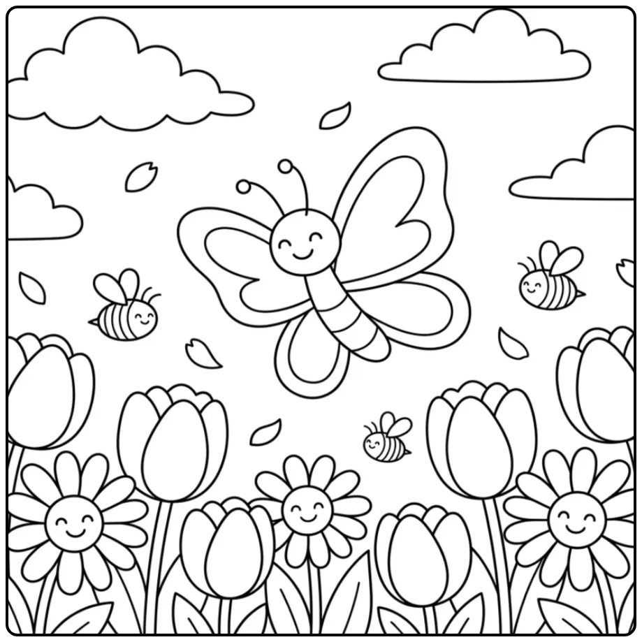 Vrolijke kleurplaat lente vlinder met bloemen en bijtjes.