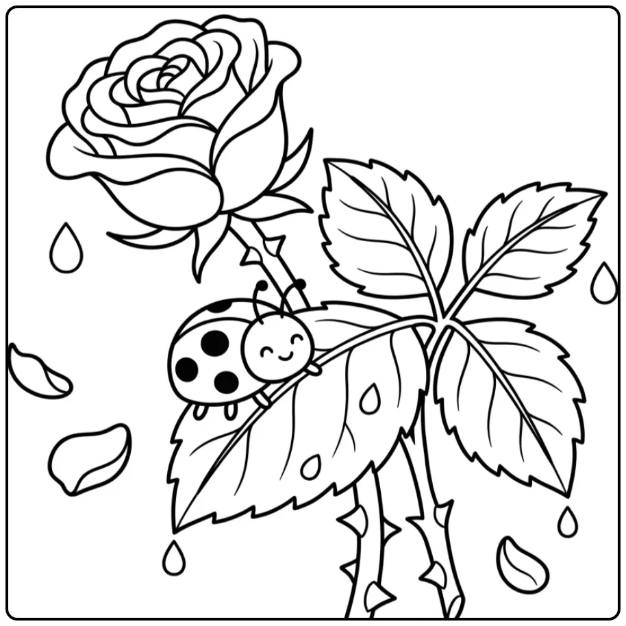 Een schattige kleurplaat lieveheersbeestje op een rozenblad.
