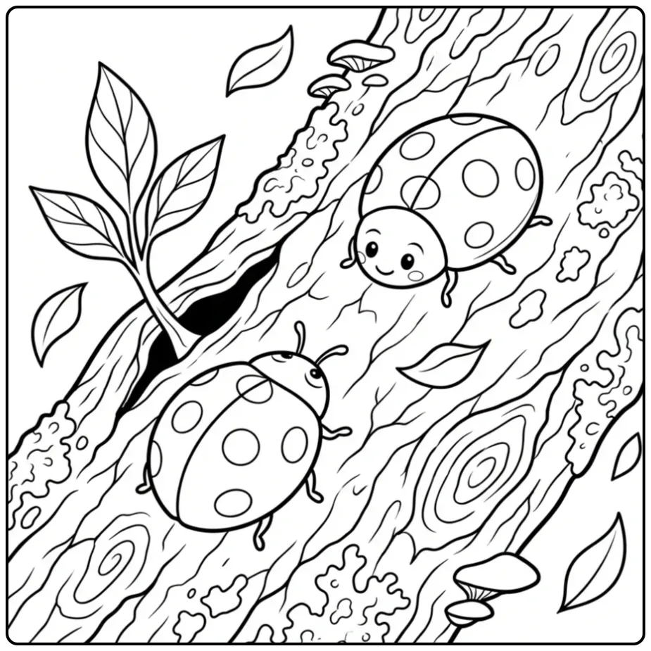 Een kleurplaat lieveheersbeestje op boomschors met blaadjes.