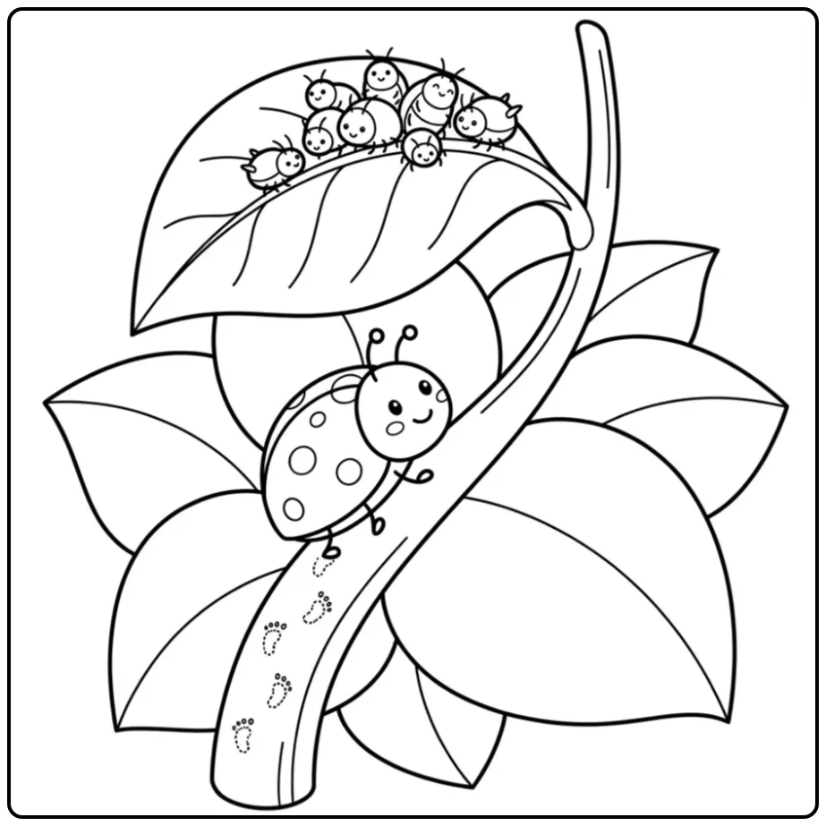 Schattige kleurplaat lieveheersbeestje klimmend op een plant