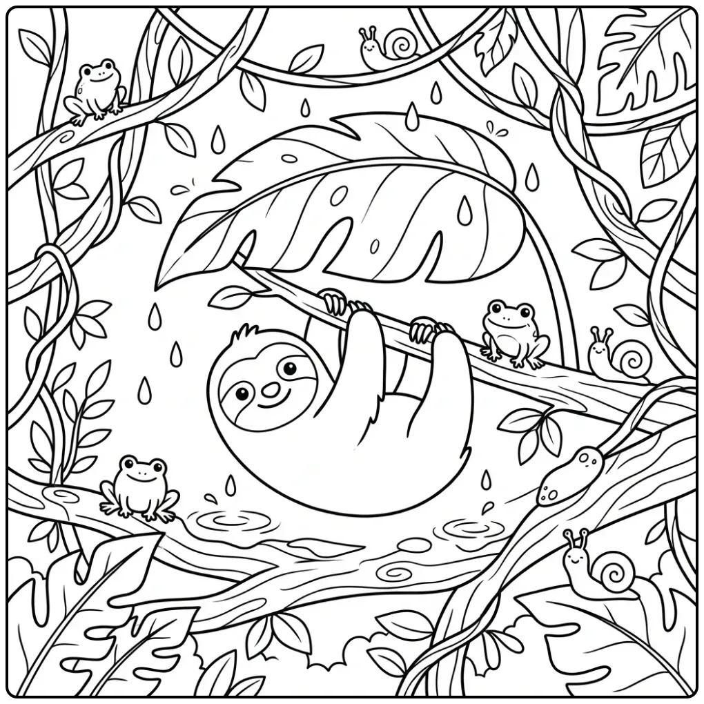 Schattige kleurplaat luiaard schuilend onder een blad in de regen.