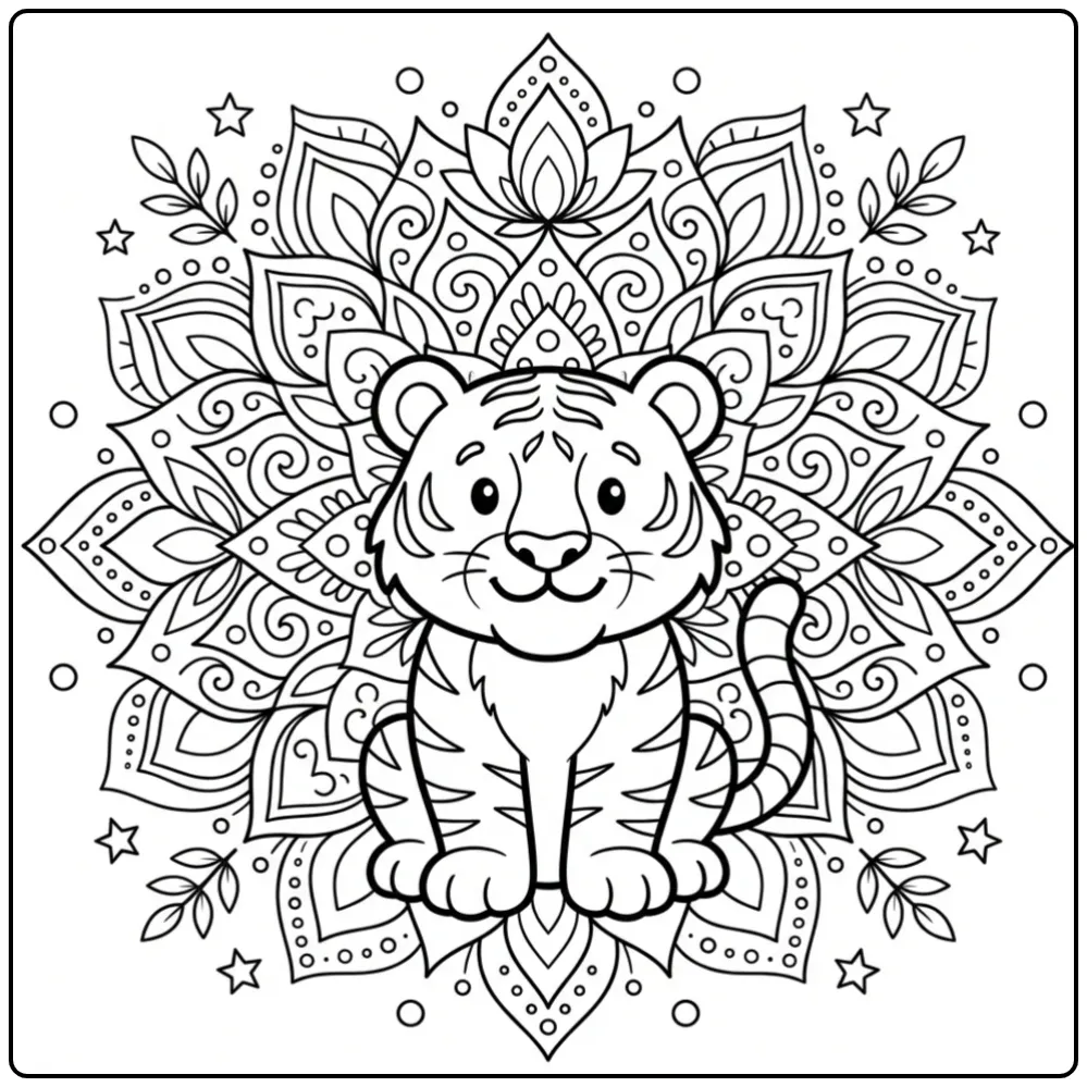 Een schattige kleurplaat mandala tijger met lotusbloemen.