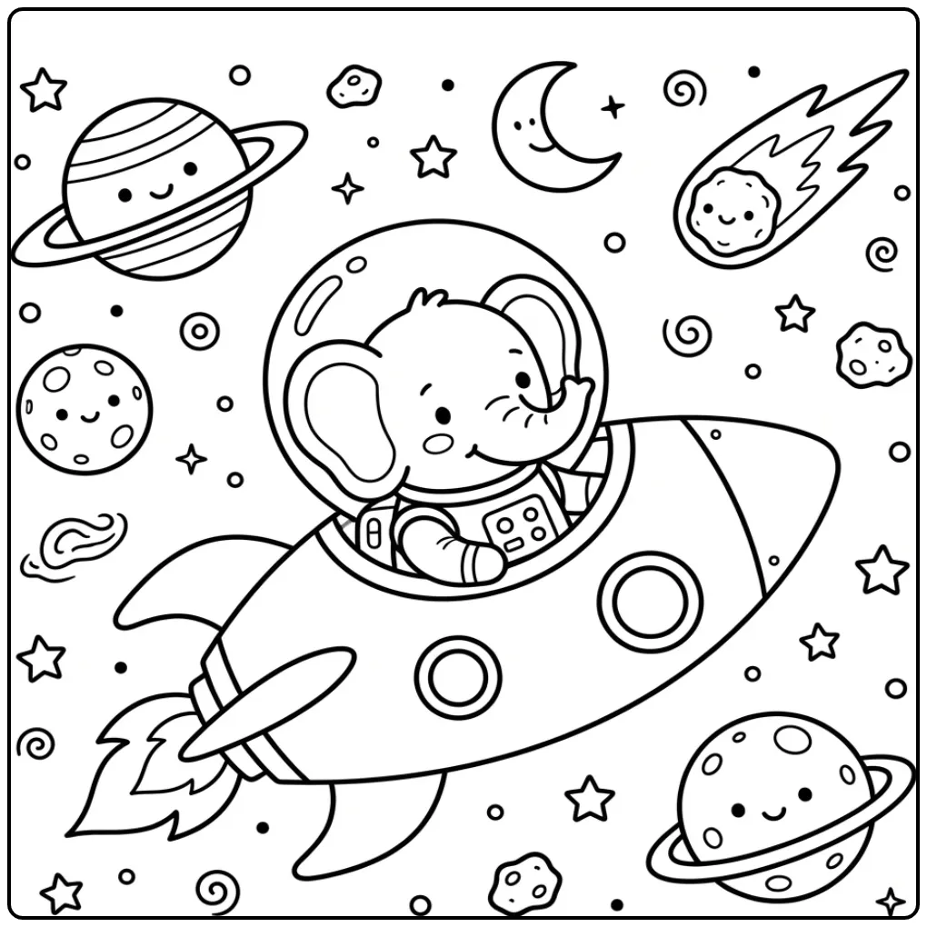 Schattige ruimte kleurplaat olifant in raket met sterren.