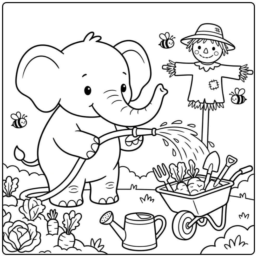 Vrolijke kleurplaat olifant in de moestuin met gieter.