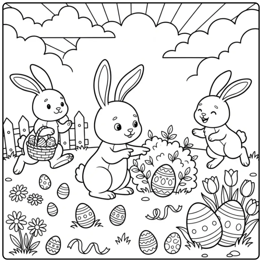 Vrolijke kleurplaat paashaas met eieren en tulpen in de tuin