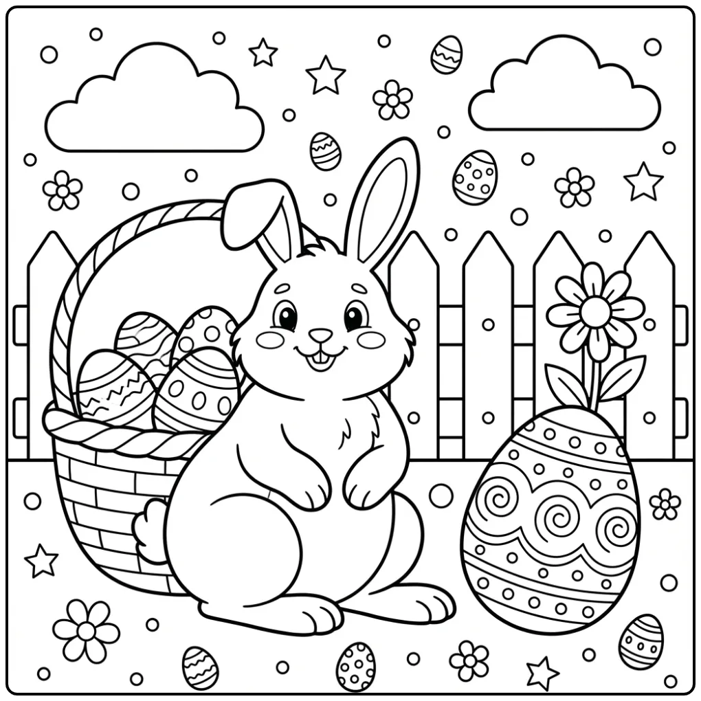 Eenvoudige kleurplaat paashaas peuters en mand.