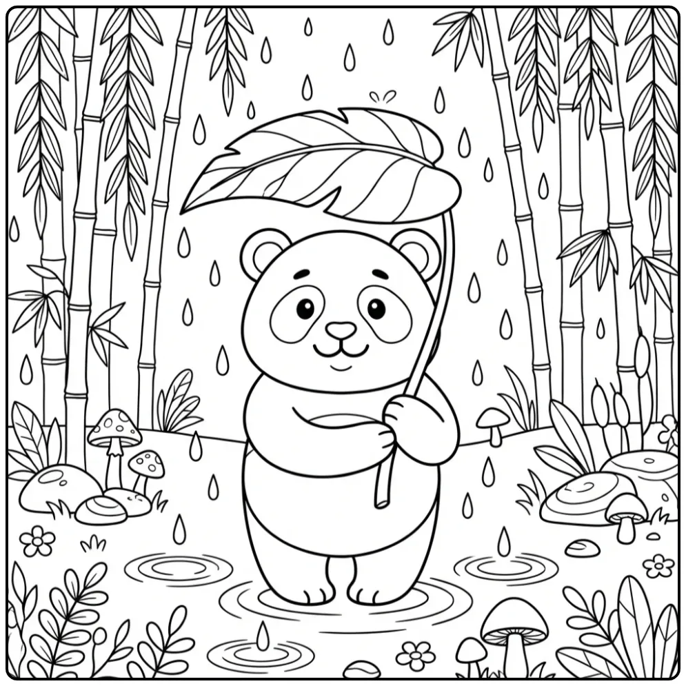 Kleurplaat panda schuilend onder een bladparaplu in de regen.