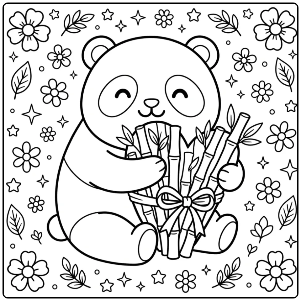 Een schattige kleurplaat panda met hartje van bamboe.