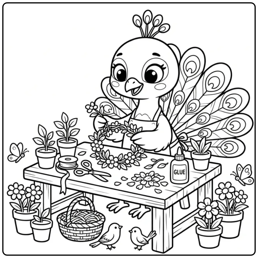 Creatieve kleurplaat pauw met schaar en bloemen.