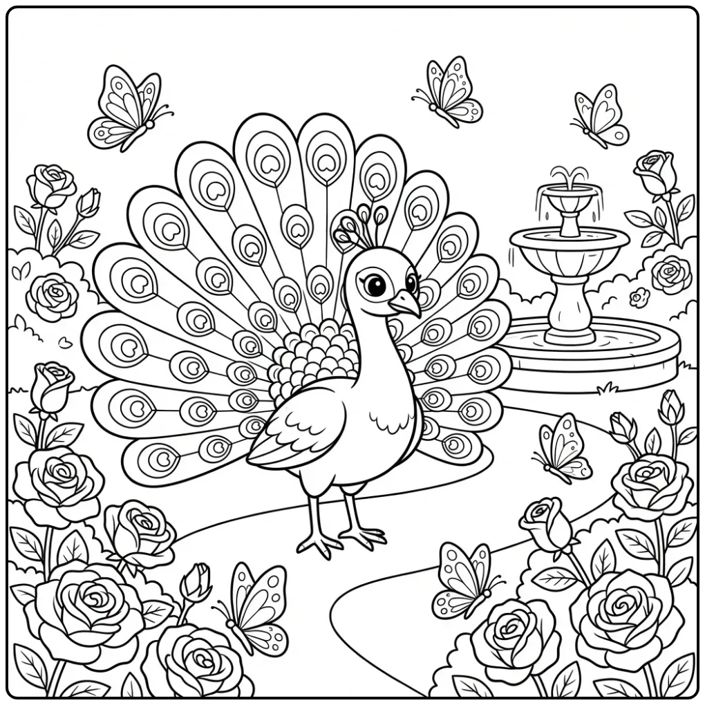 Mooie kleurplaat pauw met open staart en rozen.