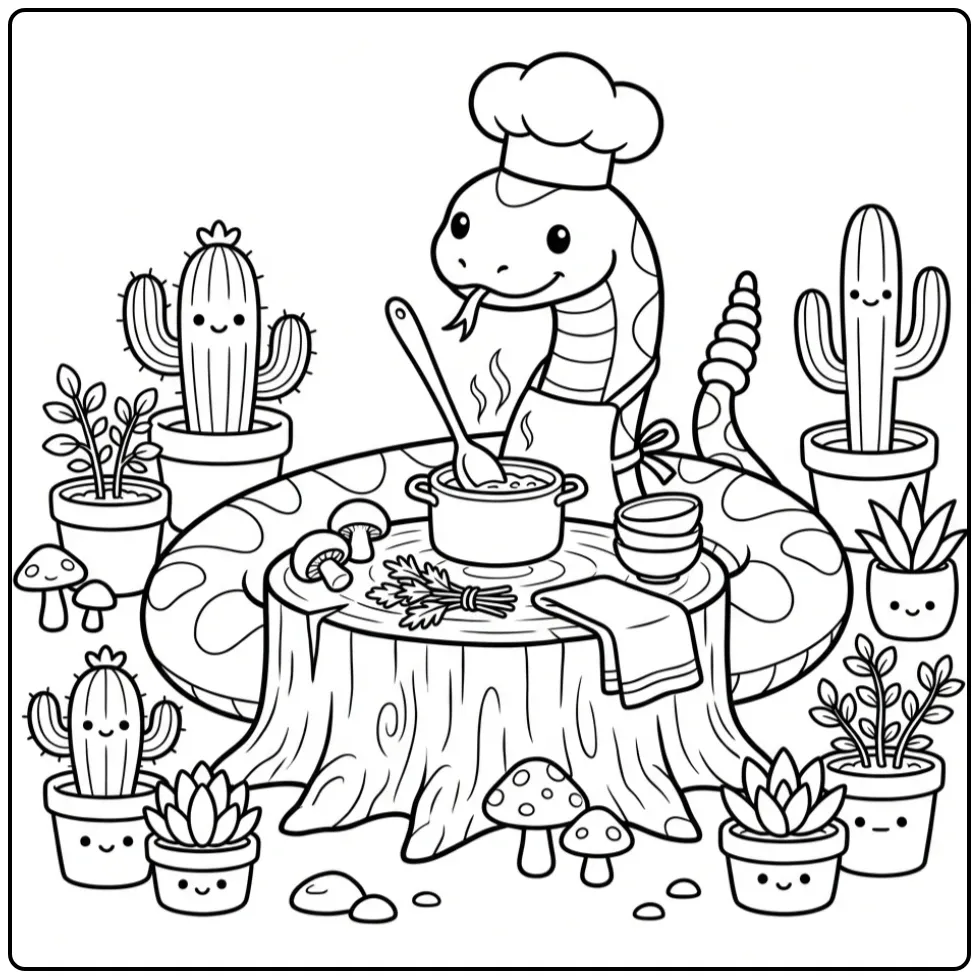 Schattige kleurplaat ratelslang chef kookt soep buiten.