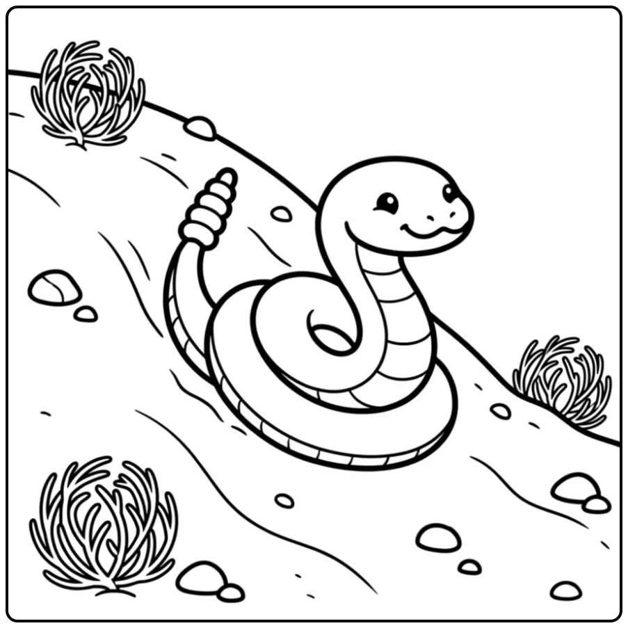 Een vrolijke kleurplaat ratelslang die van een heuvel glijdt.