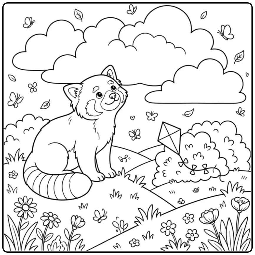 Kleurplaat rode panda op een heuvel met wolken en bloemen