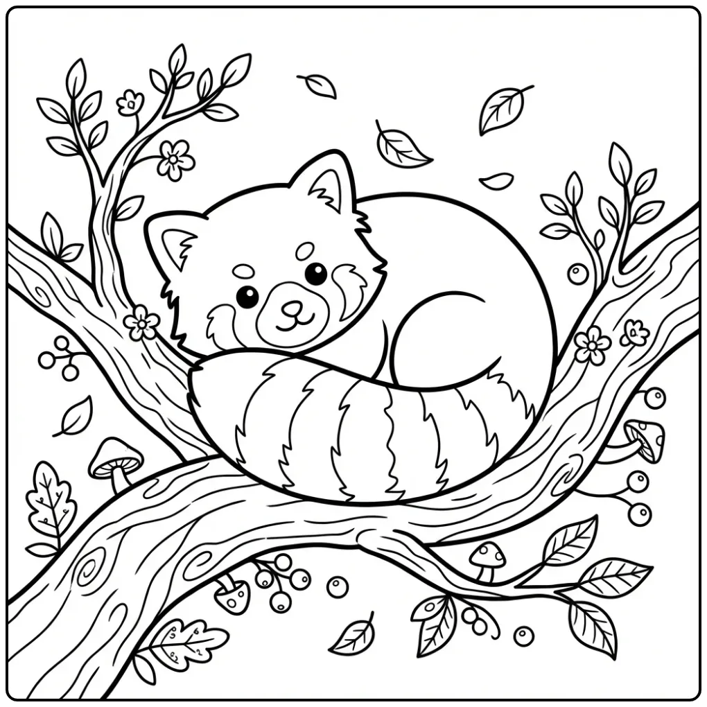 Kleurplaat rode panda opgerold op een dikke boomtak.
