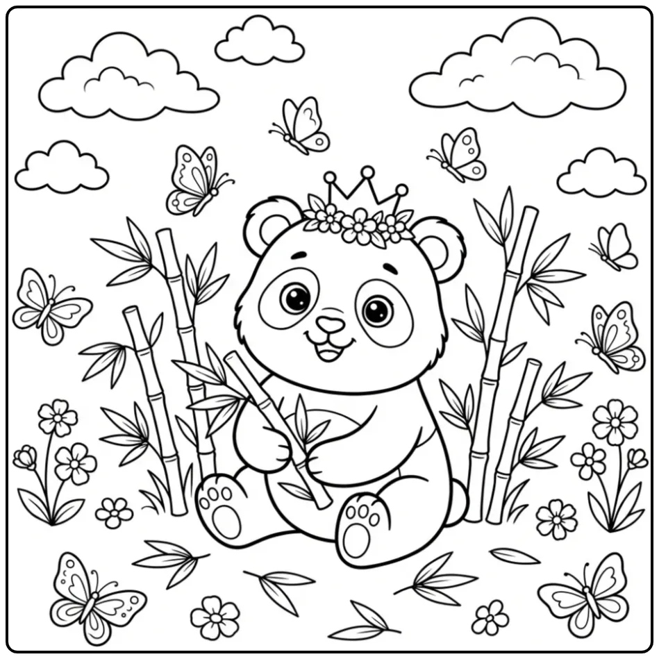 Kleurplaat schattige baby panda met bloemenkroon en bamboe.