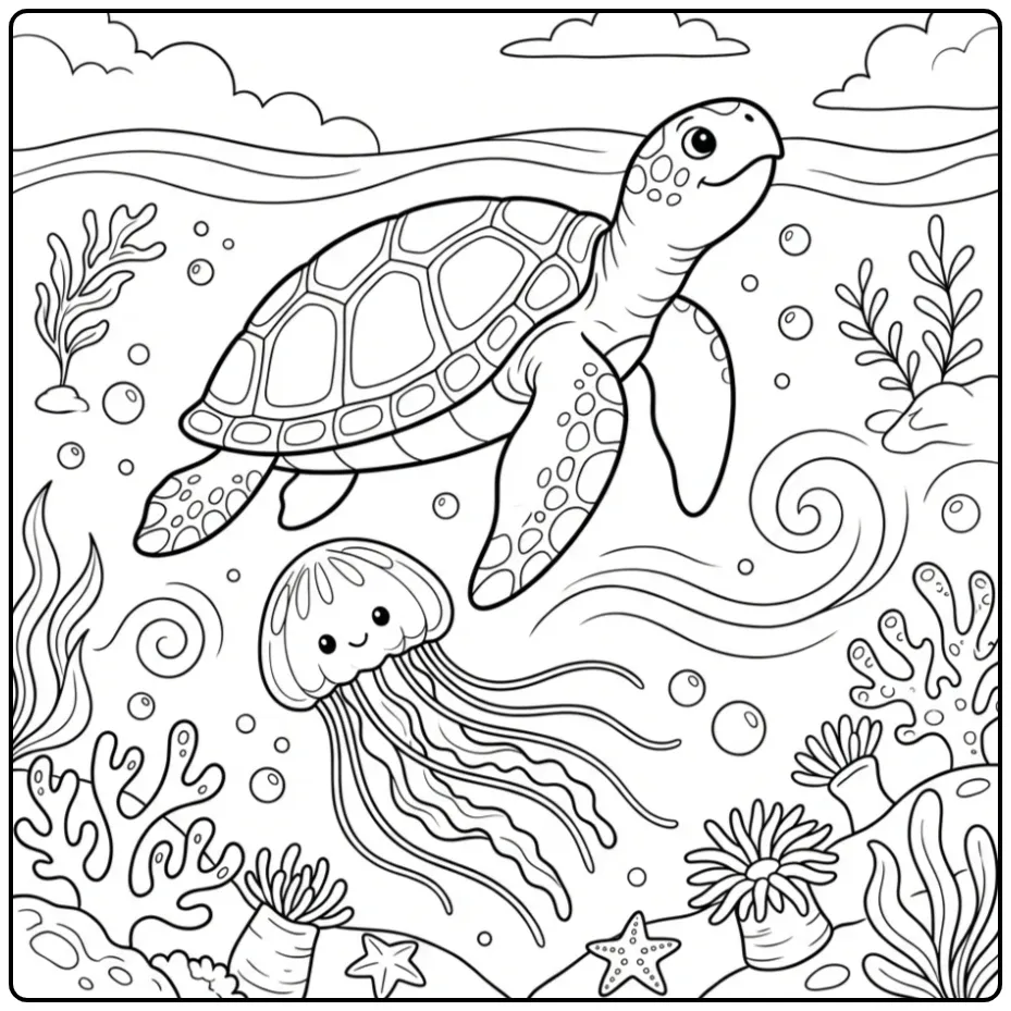 Kleurplaat schildpad en een kwal zwemmen tussen de bubbels.