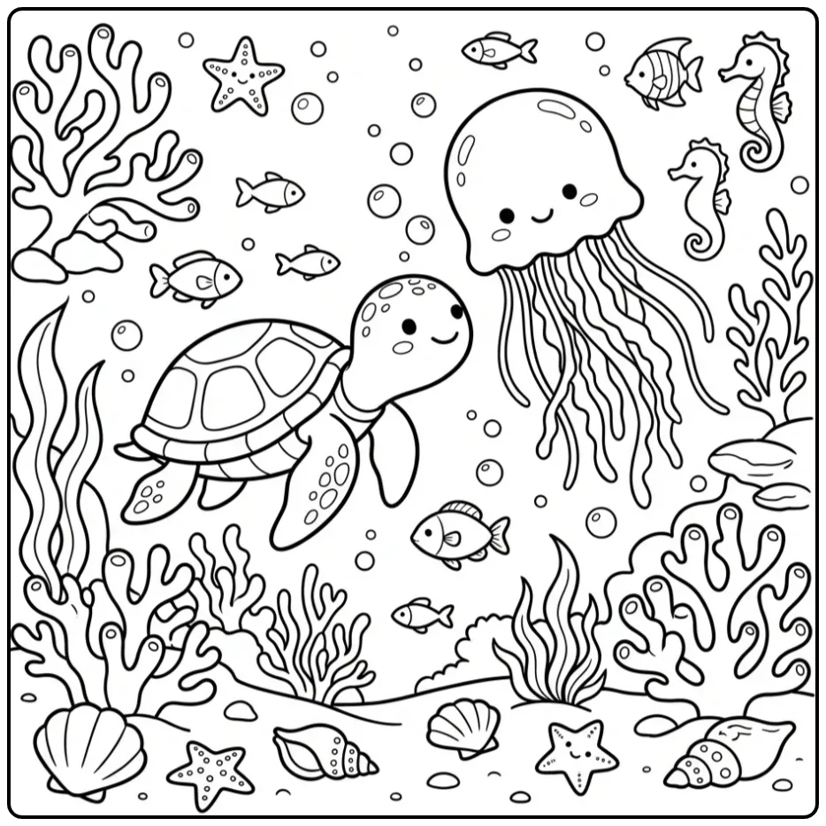 Kleurplaat schildpad en een kwal zwemmen samen onder water.