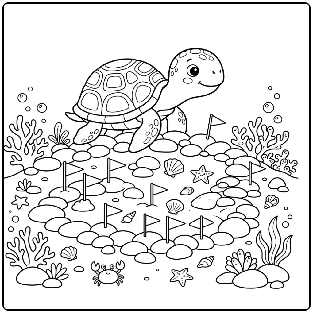 Een vrolijke kleurplaat schildpad klimt over ronde stenen