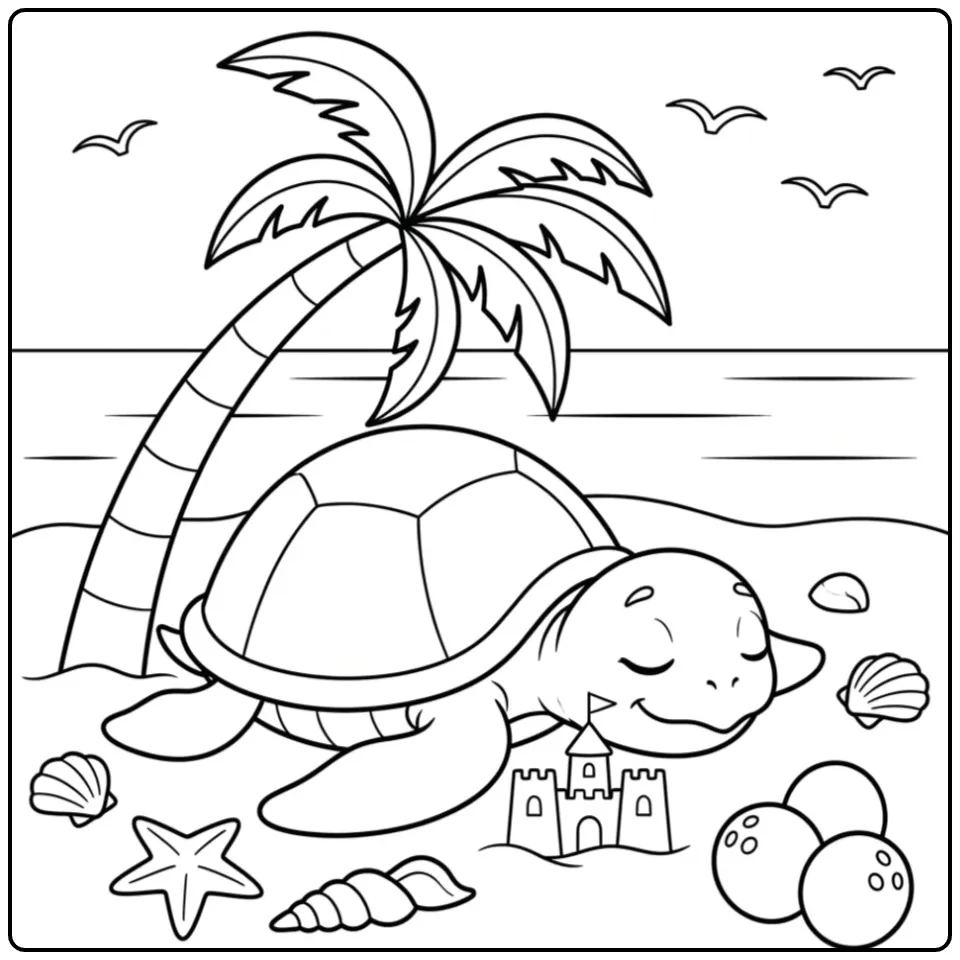 Een schattige kleurplaat schildpad die slaapt onder een palmboom.