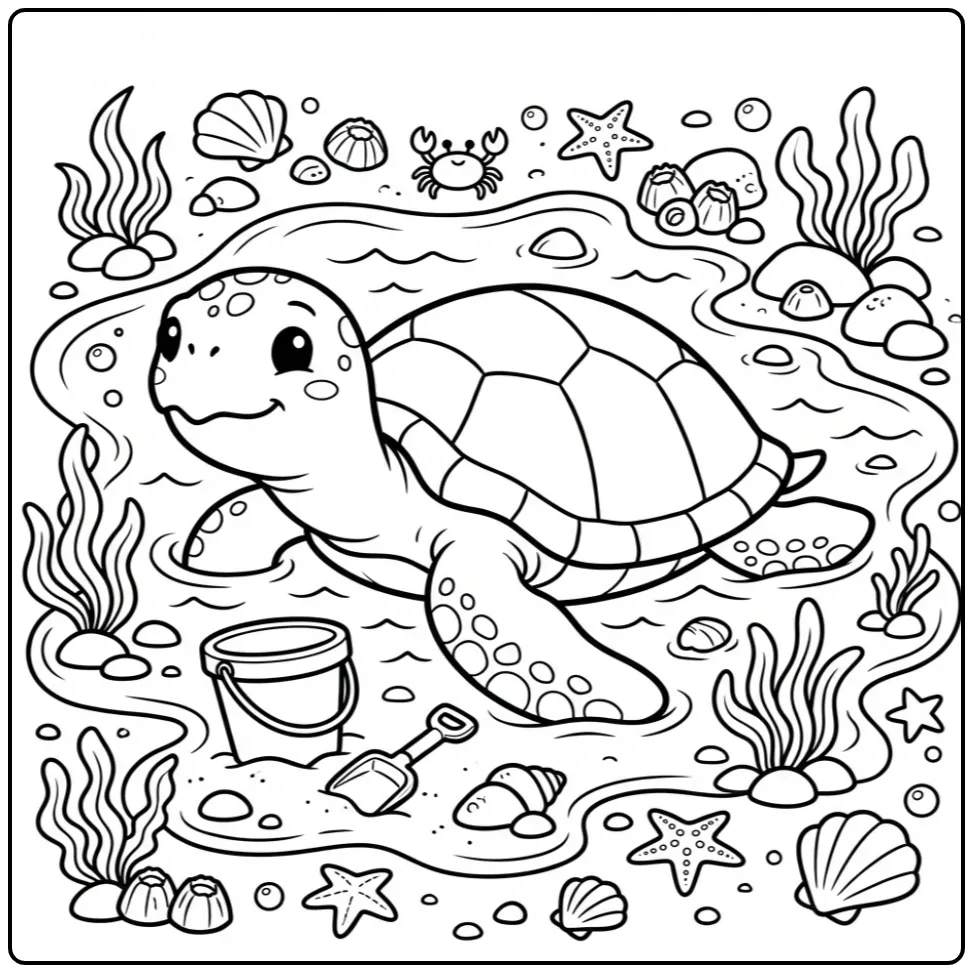 Grote kleurplaat schildpad naast een emmer en schep.