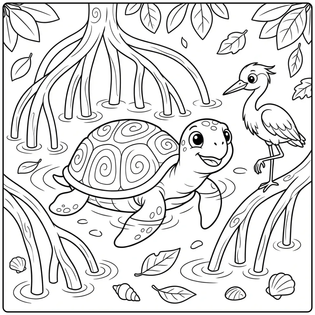 Een avontuurlijke kleurplaat schildpad in de mangrove.