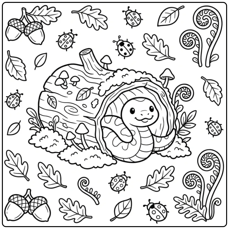 Schattige kleurplaat slang in een holle boomstam.