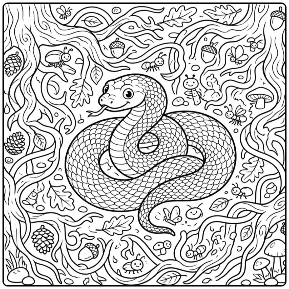 Gedetailleerde kleurplaat slang moeilijk in een bos.
