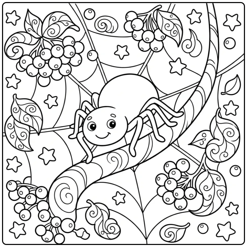 Schattige kleurplaat spinnenweb met spin en besjes.